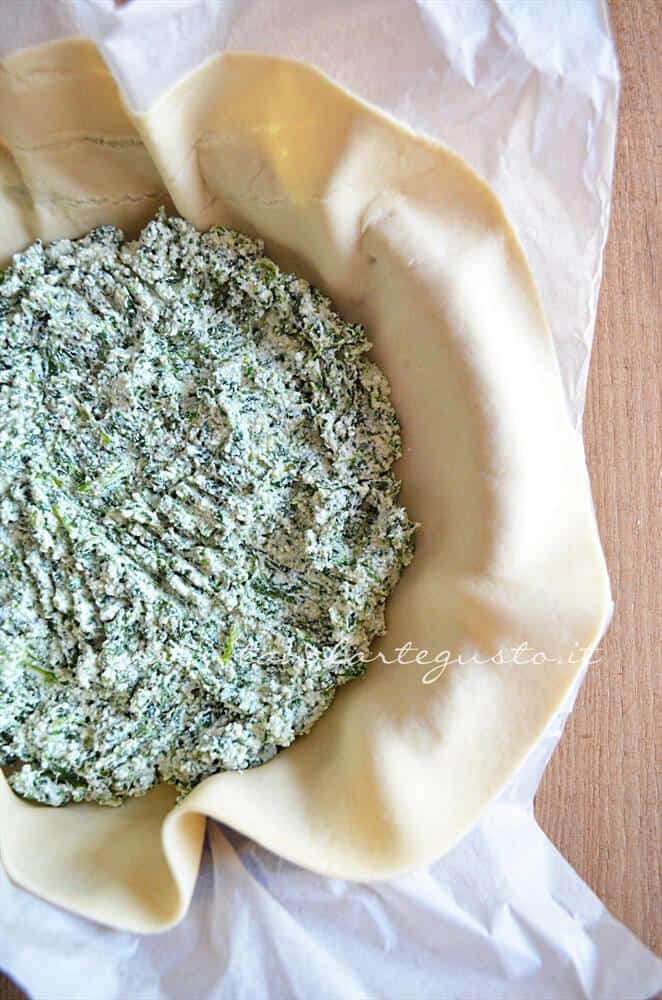 Aggiungere l'impasto nel guscio di sfoglia - Ricetta Torta ricotta e spinaci Aggiungere l'impasto nel guscio di sfoglia - Ricetta Torta ricotta e spinaci