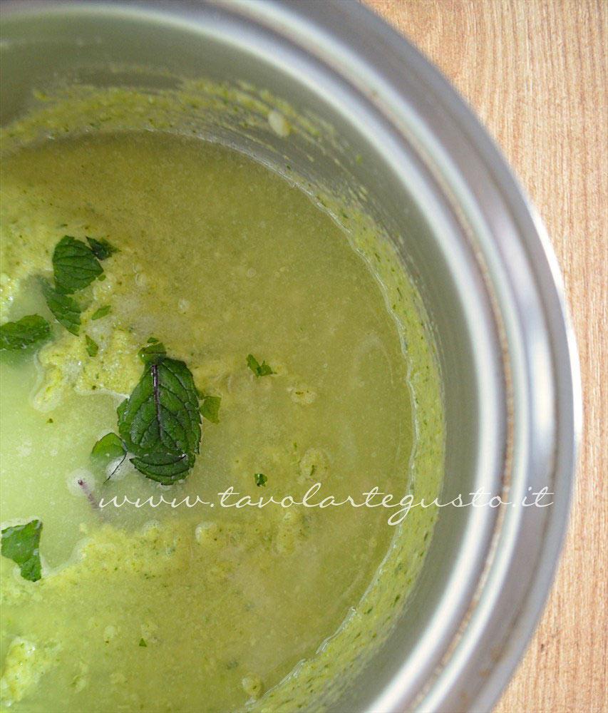 Aggiungere menta fresca e acqua - Ricetta Crema di zucchine-Vellutata di zucchine Aggiungere menta fresca e acqua - Ricetta Crema di zucchine-Vellutata di zucchine