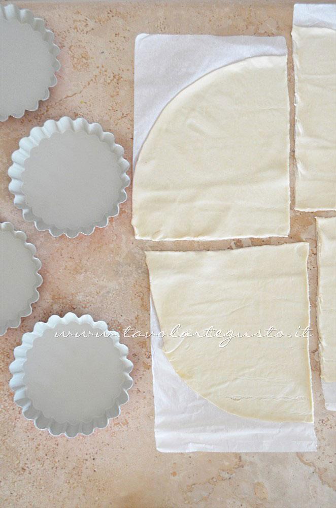 Dividere la pasta sfoglia in 4 parti - Ricetta Crostatine di pasta sfoglia alle due creme e frutti rossi Dividere la pasta sfoglia in 4 parti - Ricetta Crostatine di pasta sfoglia alle due creme e frutti rossi