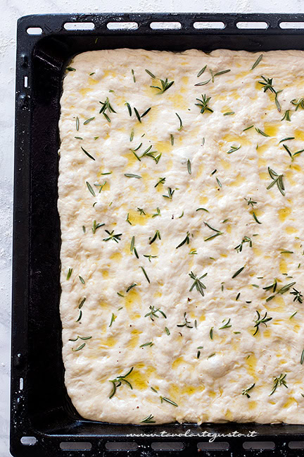 condire la focaccia con olio, rosmarino e sale - Ricetta Focaccia