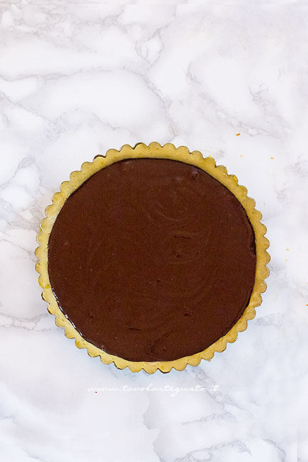 versare la crema di cioccolato nel guscio di frolla vegan - Ricetta Crostata vegana al cioccolato